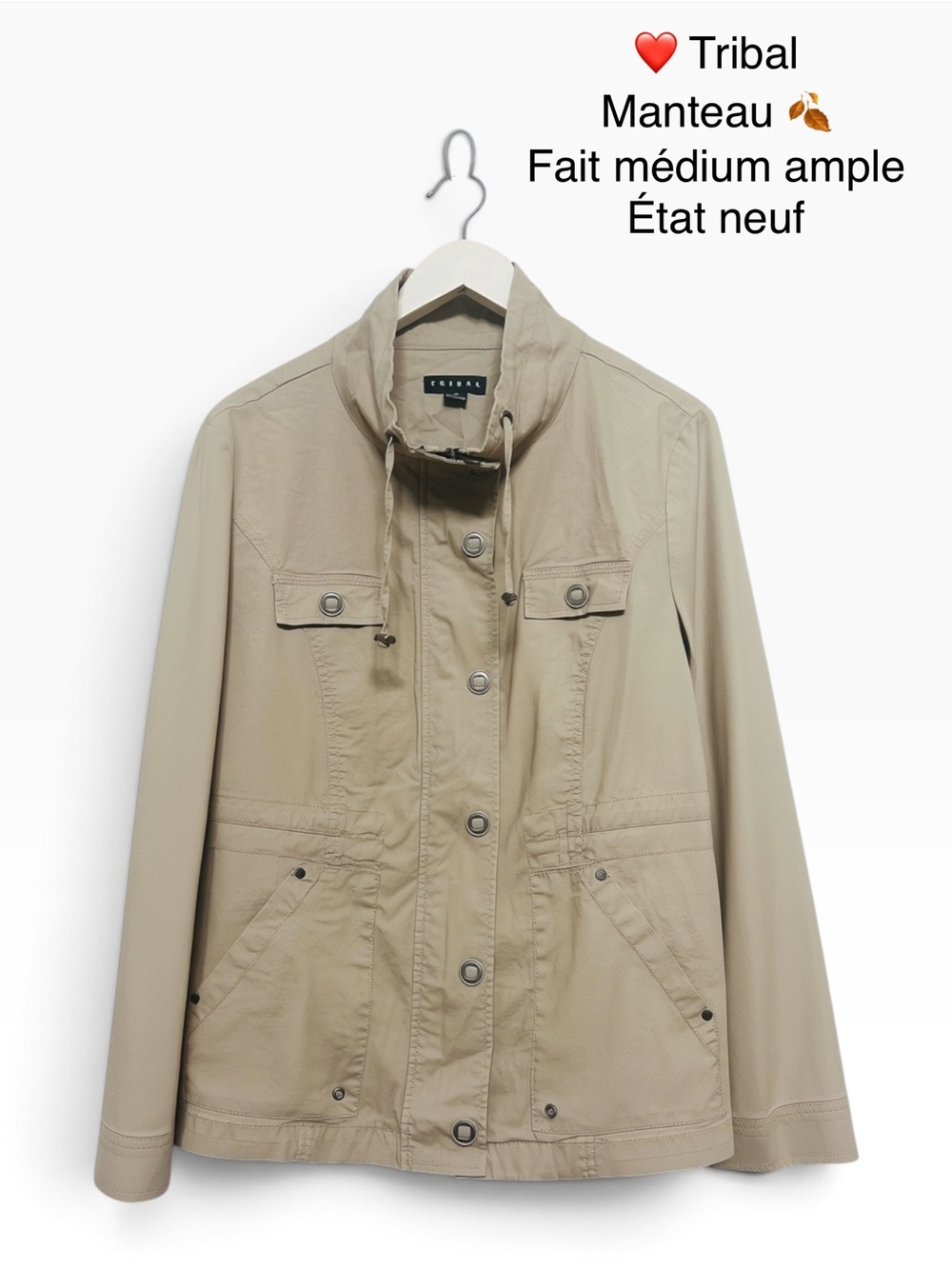 Tribal Beige Utility Jacket with Button Front and Drawcord Collar